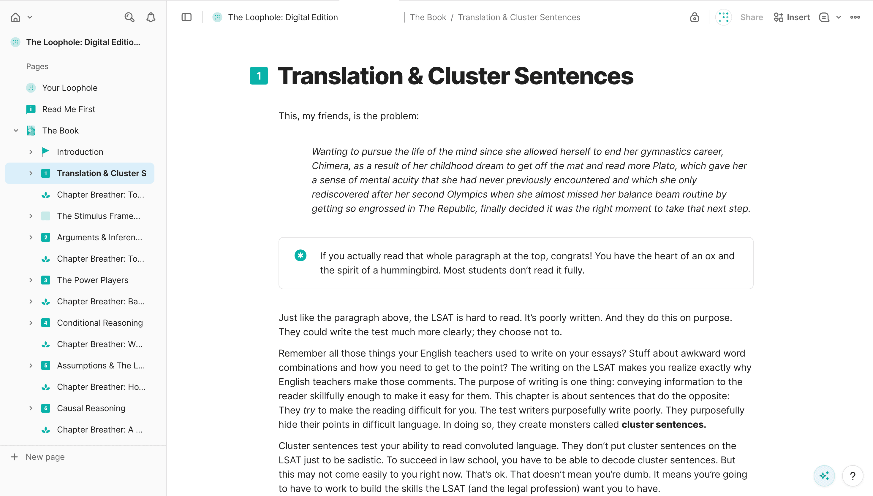 The Loophole: Digital Edition open in Coda, showing the Translation & Cluster Sentences chapter