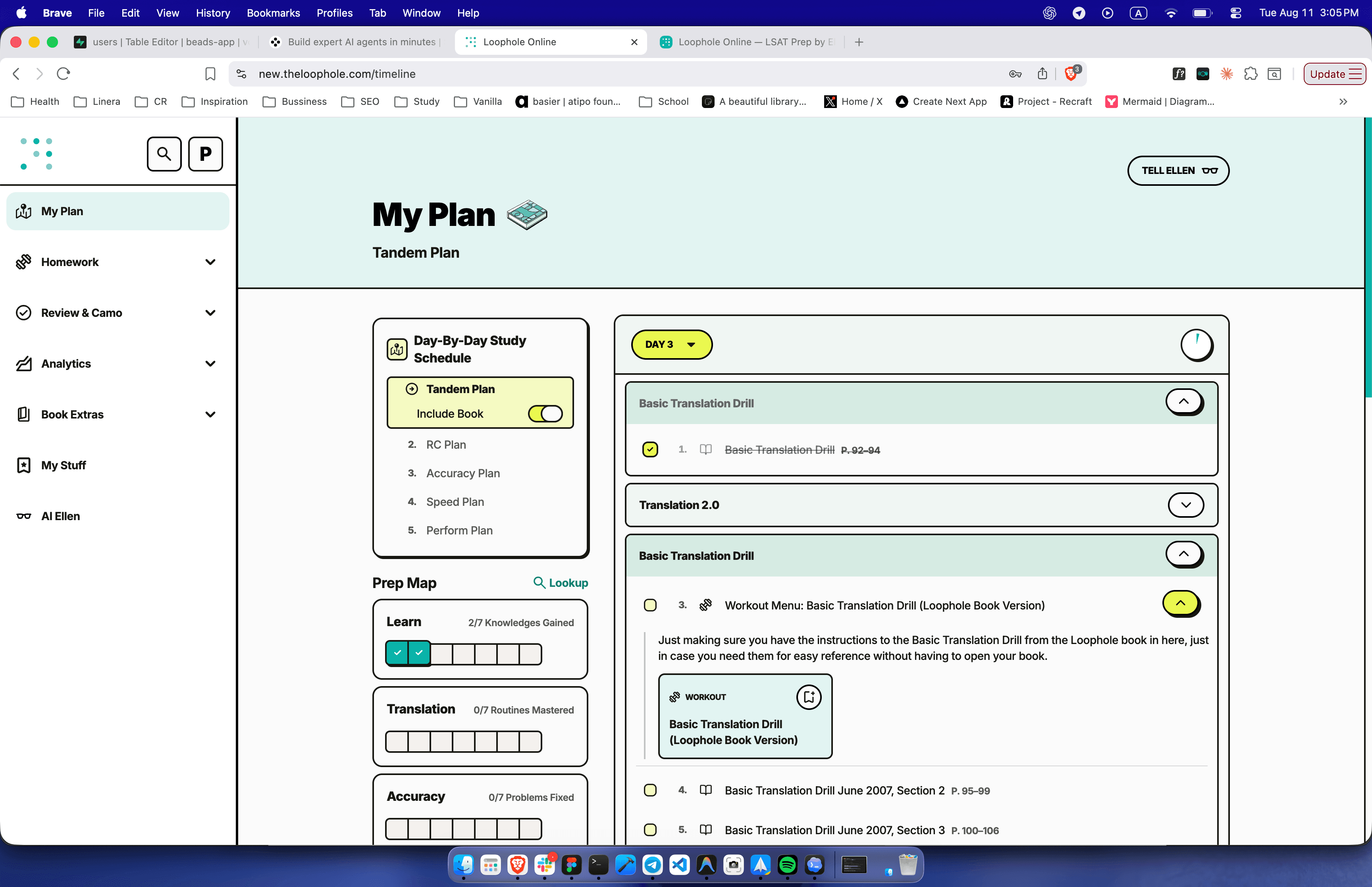 Loophole Online My Plan dashboard showing a personalized study schedule and prep map
