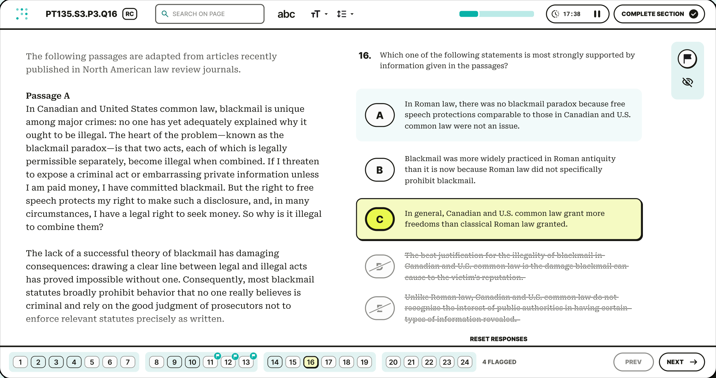 Loophole Online testing platform showing a Reading Comprehension passage, answer choices with eliminations, a section timer, and question navigation
