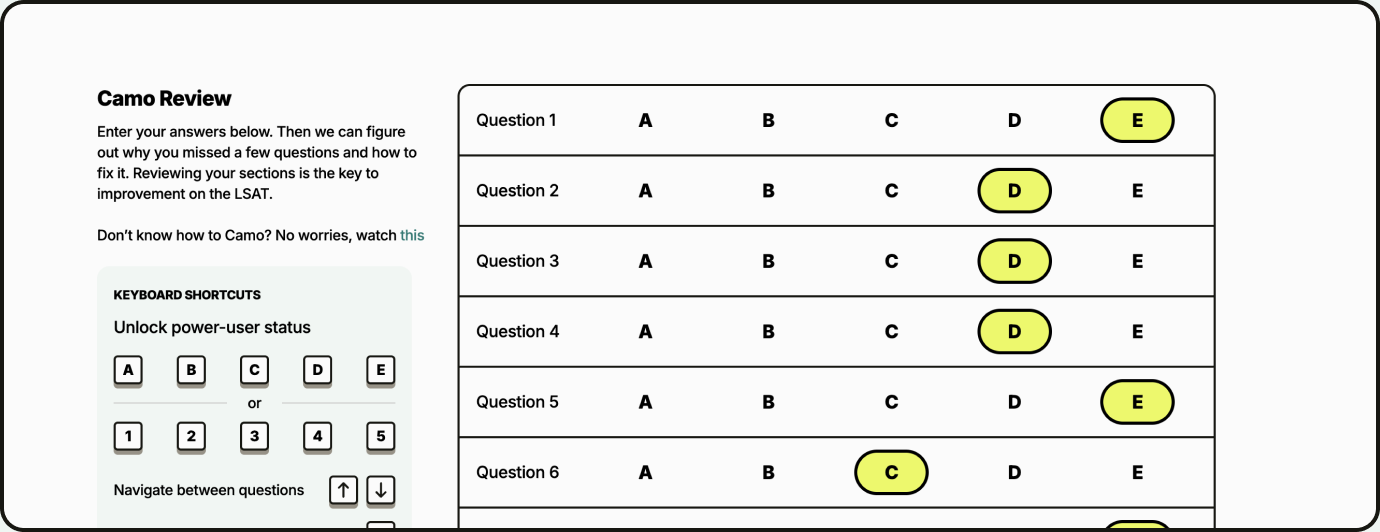 Camo Review answer grid with keyboard shortcuts for entering answers