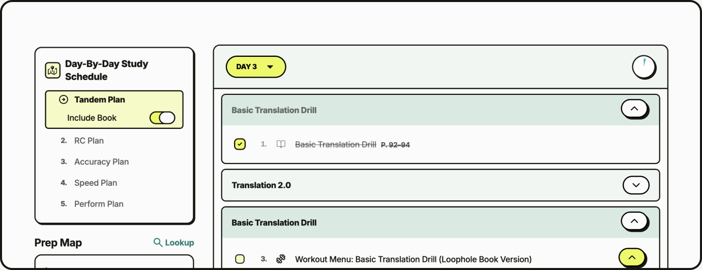 Loophole Online day-by-day study schedule with the Tandem Plan selected and the Day 3 drills listed