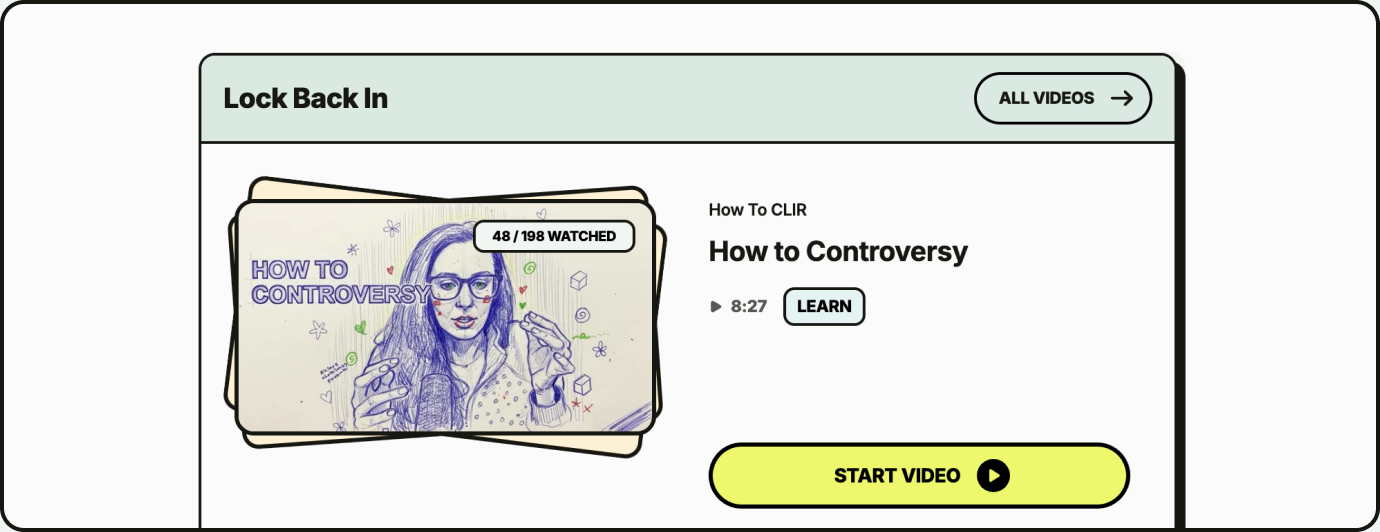 Lock Back In video card for the How to Controversy lesson with a Start Video button
